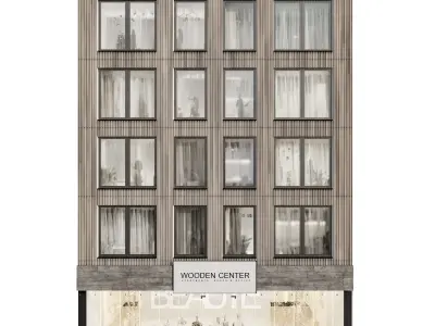 Modern residential facade 03 at night with simple interiors 3D model