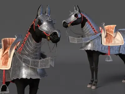  Black Horse in Used Medieval Armor Fur 