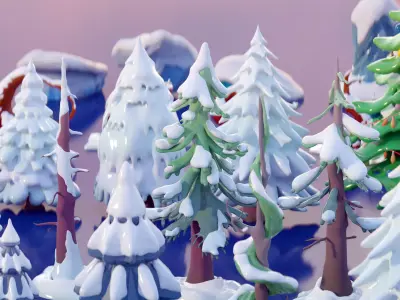 Stylized Snow-Covered Winter Nature Tree Bush Rock Low-poly 3D model