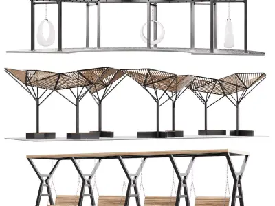 Set of pergolas gazebos canopies with swings benches  3D model