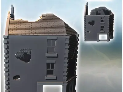 Corner ruin building with three-sided roof and ground-floor shop 3D print model