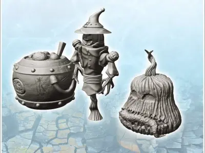 Set of Halloween accessories with witch and pumpkin head 2 - Med 3D print model