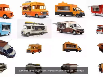 Low Poly Food Truck Pack 7 Vehicles Street Food Set
