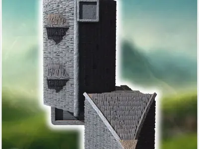 Towered medieval building with a wooden balcony stone base and s 3D print model