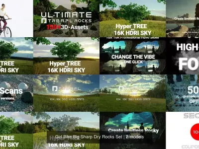 Girl Bike Boulder Big Sharp Dry Rocks Set 3D Model Pack