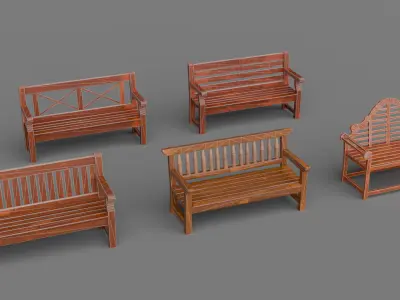 Wooden Street Bench low poly PBR  3D model Low-poly 3D model