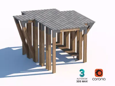 Contemporary Wooden Pergola with Bench 3D model