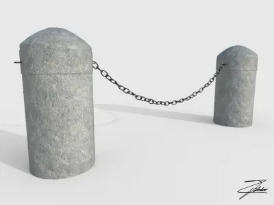 Bollards four concrete posts with chains Low-poly 3D model