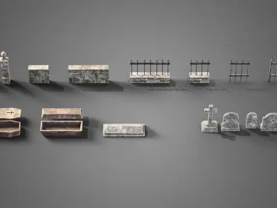 Graveyard set four gravestones Low-poly 3D model
