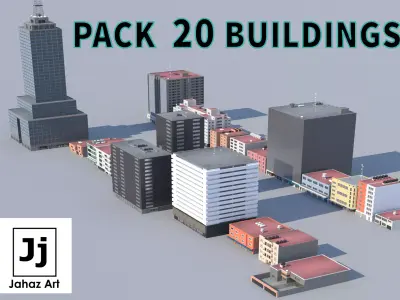 Pack of 20 Buildings Low-poly 3D model