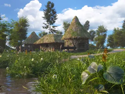 Realistic Nature Scene with Huts 3D model