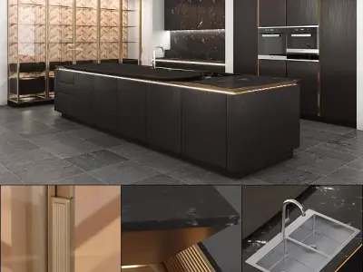 SieMatic-SLX-PURE gold kitchen design 3D model