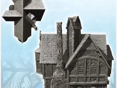 Large medieval manor with suspended room zigzagging roof and chi 3D print model
