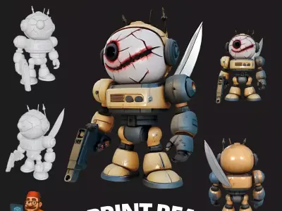 Post Apocalyptic Toy Damaged One Eyed Armed Robot Figurine 3D print model