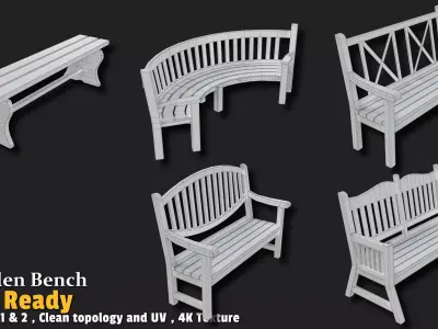 5 Wooden Bench Game Ready Low-poly 3D model