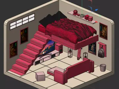 Stylized Loft Bedroom Animated Scene Low-poly 3D model