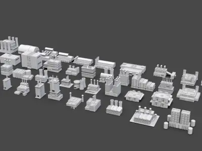 Low Poly Industrial Building Pack Of 40 -Game Ready -Untextured Low-poly 3D model
