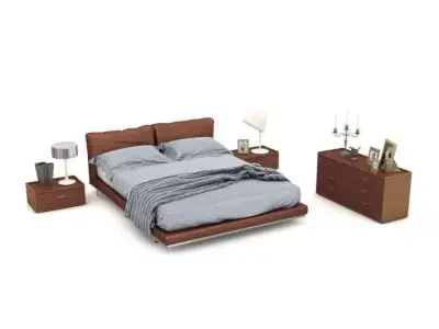 Bedroom Set With Wooden Tables With A Candle And Lamps 3D model