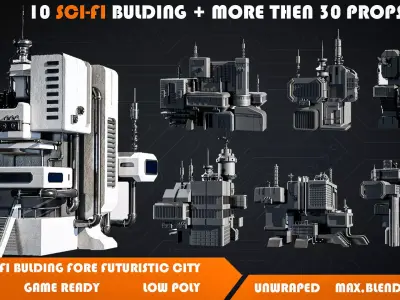 10 Scifi Bulding  More Then 30 Props Low-poly 3D model