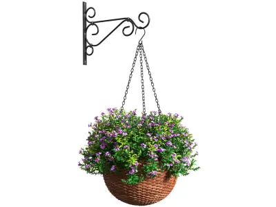 Hanging basket flowerpot rattan pot with flowers  3D model