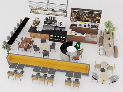 Modern coffee shop interior bar furniture props package Low-poly 3D model
