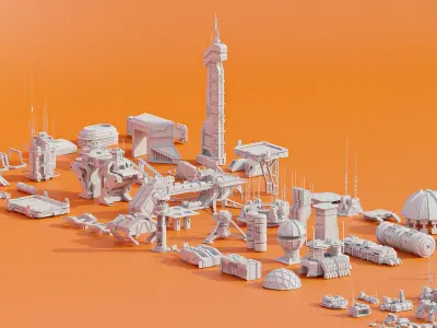 Scifi building dressing KITBASH pack Low-poly 3D model