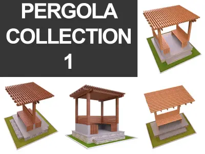 Pergola Collection 1 wooden bench on grassy area Low-poly 3D model