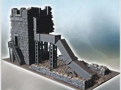 Ruined industrial structure with a large chute and scattered deb 3D print model