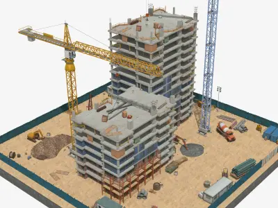 Two Tower Building Under Construction Scene Low-poly 3D model