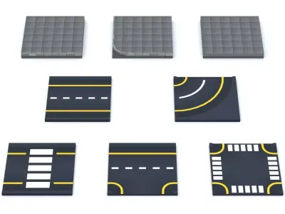 Cartoon Low Poly Modular Road City Floor Pack Low-poly 3D model