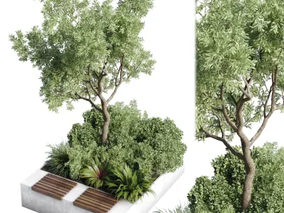 Urban Environment Urban Furniture Green Benches Plants and Tree 3D model