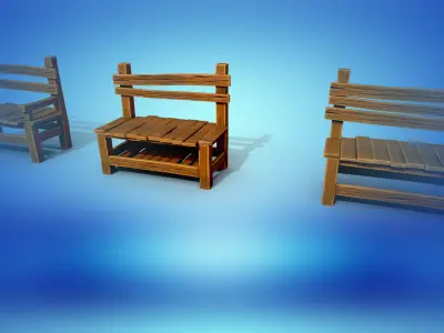 Stylized bench bench 3 types PBR low-poly game ready Low-poly 3D model