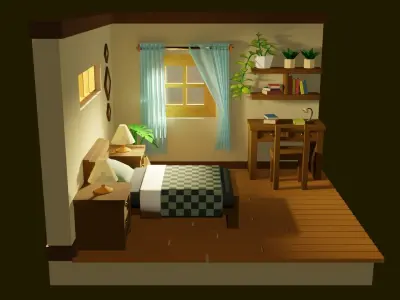 Isometric Bed Room Low-poly 3D model