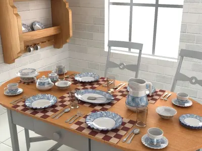 Tableware with Table and Chairs Low-poly 3D model