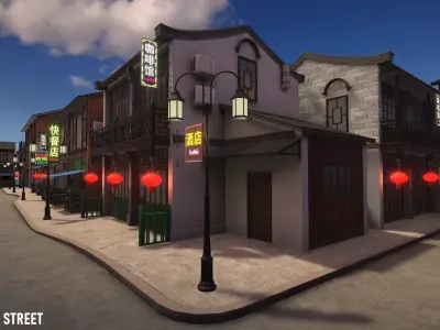 Chinese street - modular city Low-poly 3D model