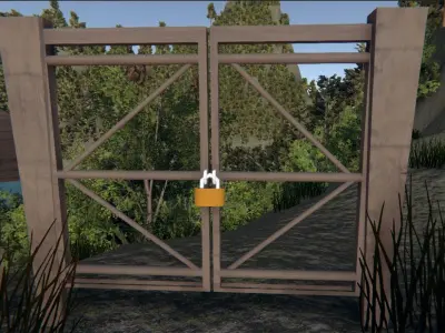 Wooden fences with door and a low poly chair Low-poly 3D model