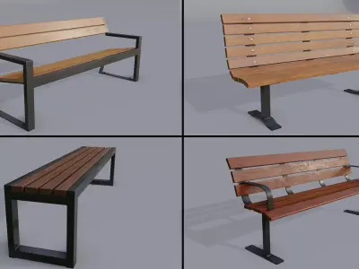 4 Street bench pack Low-poly 3D model