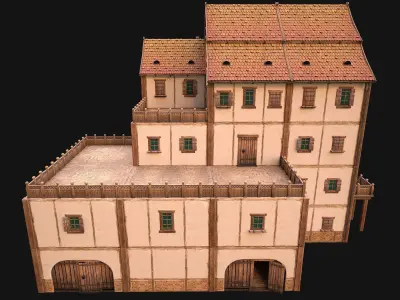 Medieval Skyscraper House with Barn  Low-poly 3D model