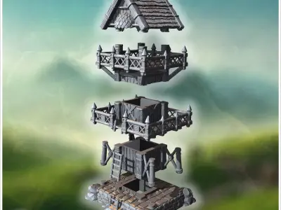 Tall wooden watchtower with fortified railings a ladder and that 3D print model