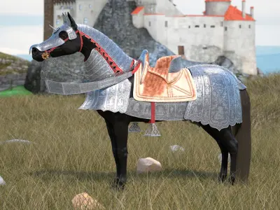  Black Horse in Used Medieval Armor Fur 