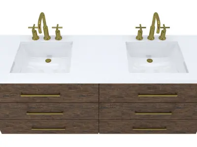 Vanity bathroom with two sinks and brass faucets 3D model