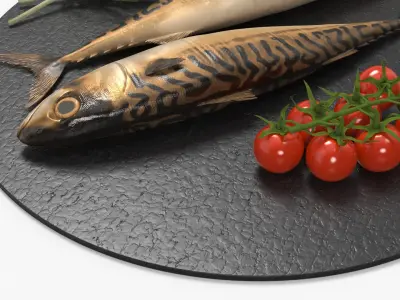  Smoked Mackerel Fish on Slate Plate with Tomato and Rosemary 