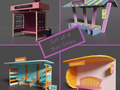 Set of 4 Bus Stops Low-poly 3D model