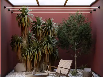 Open roof lounge with mountain cabbage plants 3D model