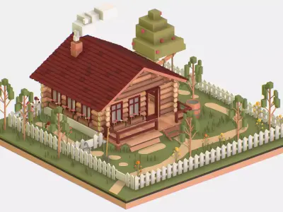 Isometric Village Wood Log House Cottage Garden Low-poly 3D model