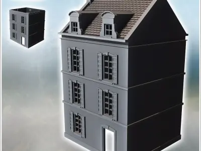 Square building with two floors and baroque-style roof windows i 3D print model