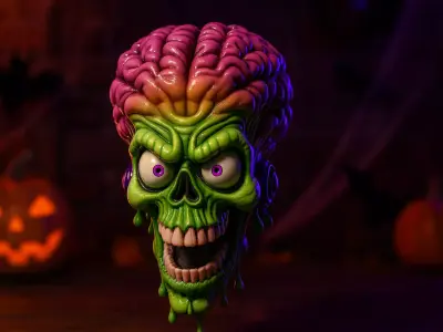 Alien Martian Skull with Exposed Brain Halloween Decor 3D print model