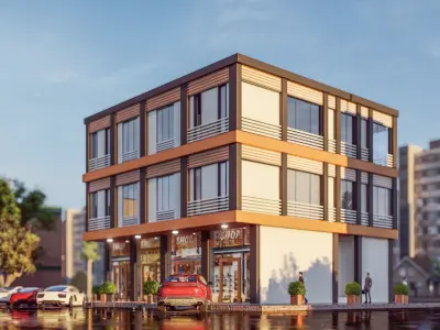 shops shop building on corner of street 3D model