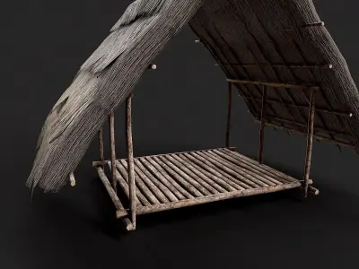 Primitive Wooden Shelter with Thatch Roof 2 Low-poly 3D model