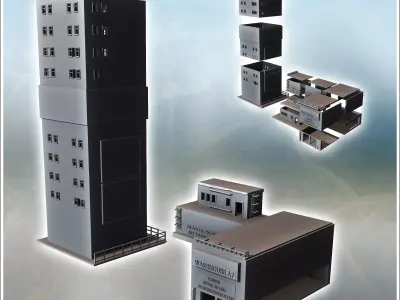 Set of two industrial buildings with a large tower and warehouse 3D print model